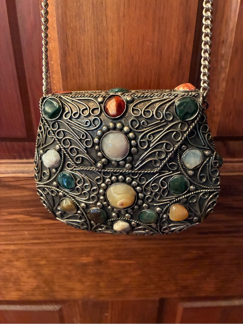 Vintage Sajai Metal purse, crossbody with multi-colorful Agate stones. SILVER.